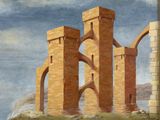 painting of a painting of a castle in the middle of a body of water