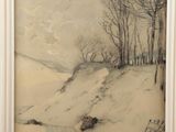 an image of a painting of a snowy landscape with trees and a road
