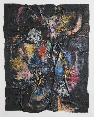 une image représentant un morceau de papier noir sur lequel figure une peinture