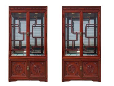 pair of antique chinese style display cabinets with glass doors