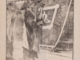 drawing of a man holding a flag with a skull on it