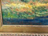 an oil painting of a landscape with a river in the foreground and trees in the background