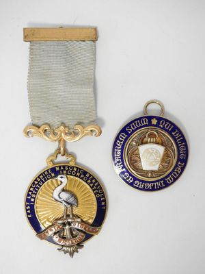 two medals are shown on a white surface with a blue ribbon