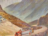 painting of a car driving down a mountain road with a mountain in the background