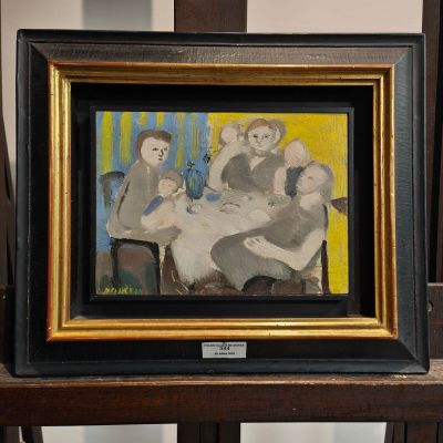 une peinture représentant un groupe de personnes assises à une table