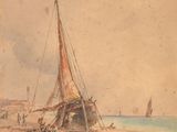 a painting of a sailboat on the beach by the water