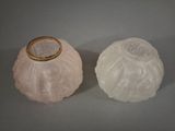 pair of frosted glass vases with a gold ring on top