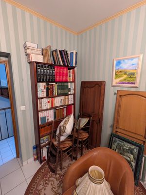 une pièce dans laquelle se trouvent une bibliothèque et un fauteuil