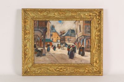 an oil painting of a street scene with people walking down the street