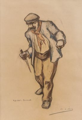 drawing of a man with a hat and a cane walking