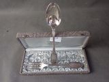 a silver spoon and spoon rest in a silver case