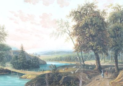 une peinture représentant une peinture d'une rivière sur laquelle figurent des vaches