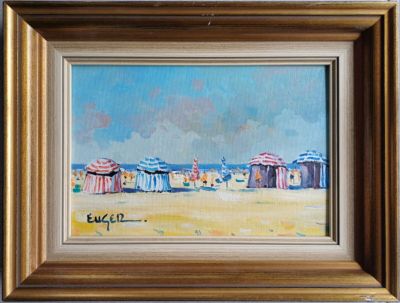 une peinture à l'huile représentant des cabines de plage sur une plage de sable, avec un ciel bleu en arrière-plan