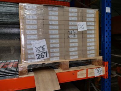 a pallet with a lot of boxes on it in a warehouse