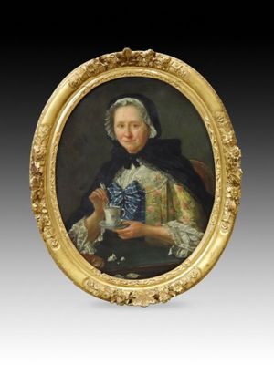 portrait d'une femme tenant un verre de vin, dans un cadre doré
