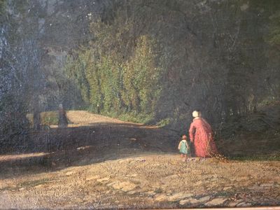 tableau représentant une femme et un enfant marchant sur un chemin de terre dans une zone boisée