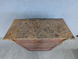 an image of a marble top table with a drawer underneath it