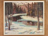 une image représentant un tableau représentant un paysage enneigé avec un pont