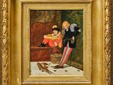 an oil painting of a man and a woman with a bird on a table