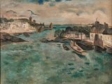 une image représentant un tableau d'un port avec des bateaux sur l'eau