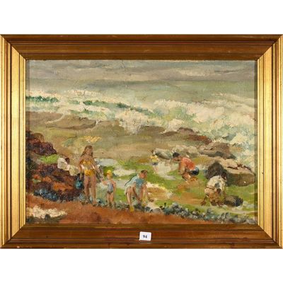 une peinture à l'huile représentant des enfants jouant sur la plage au bord de la mer