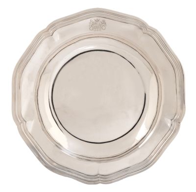 a silver plate on a white background with a black border