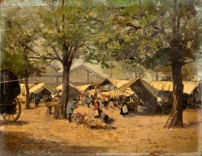 a painting of a market scene with a horse and buggy in the foreground