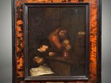 an oil painting of a man and a woman in a kitchen