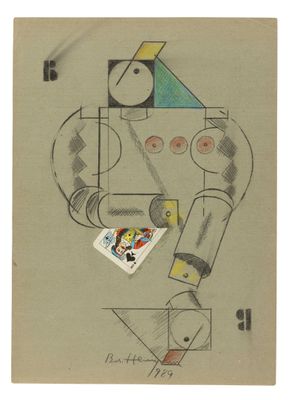 une image représentant un dessin d'un robot tenant une carte à jouer