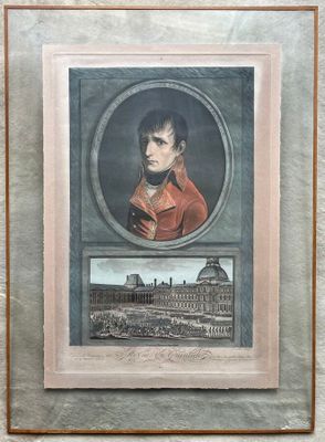 painting of a man in a red coat and a picture of a building