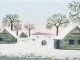 un tableau représentant un village par temps de neige