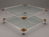 two tiered glass and brass coffee table