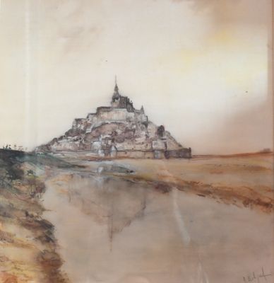 an image of a painting of a castle in the middle of a field