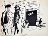drawing of two men standing in front of a building with a sign on it