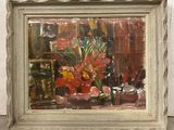 a painting of flowers in a vase on a table