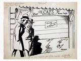 drawing of a man in a top hat and coat standing in front of a store