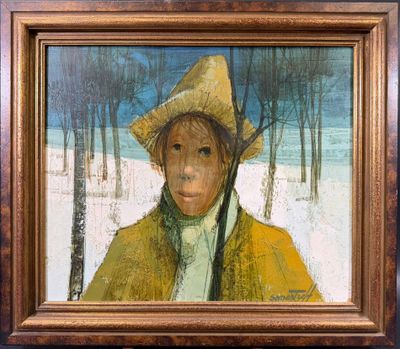 tableau représentant une femme vêtue d'un manteau jaune et d'un chapeau de paille dans une forêt enneigée