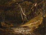 painting of a stream in a wooded area with trees and rocks