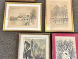 four framed pictures of various types of artwork on a carpet