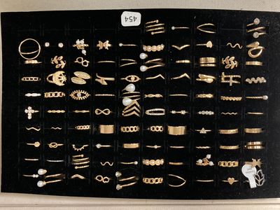 un plateau noir sur lequel sont disposés de nombreux bijoux en or