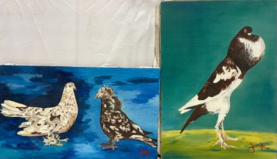 peinture représentant deux oiseaux sur fond bleu et un oiseau blanc et noir sur fond vert
