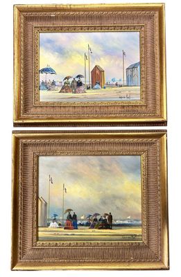 deux tableaux représentant un couple assis sur une plage