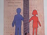 une affiche sur laquelle figurent deux personnes debout devant un immeuble