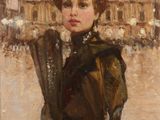painting of a woman in a brown dress and hat holding an umbrella