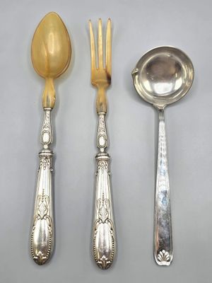 Couvert à salade en métal et corne, L: 28 cm