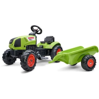 Le tracteur jouet est vert, avec des roues rouges et une remorque.