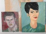 three paintings of a woman in a green dress and a man in a blue shirt