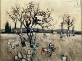 an image of a painting of a field with trees and birds