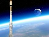 représentation artistique d'une fusée spatiale volant devant la Lune