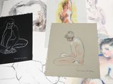 many drawings of a woman sitting on a table